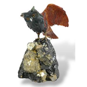 Erwin Klein - Owl In Hard Stone And Semi-precious Stones - Switzerland 1980s